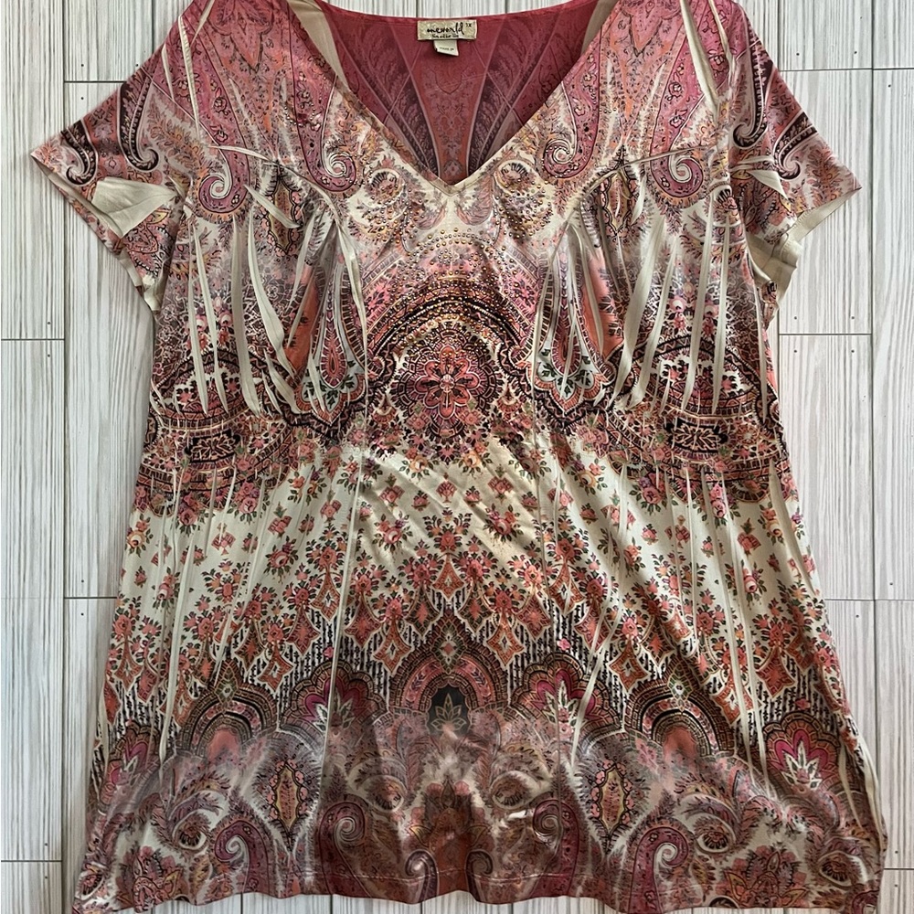 ONE WORLD colorful Pink & Cream Graphic Short Sleeve Blouse